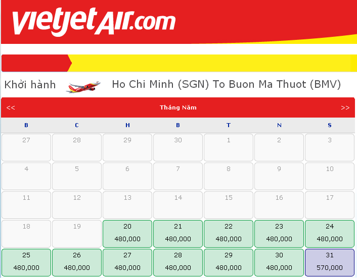 Giá vé máy bay đi Buôn Mê Thuột của Vietjet Air