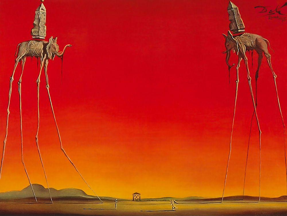 Salvador Dali Art RED ELEPHANTS A3 QUALITY CANVAS PRINT Poster 18"X 12" - Afbeelding 1 van 1